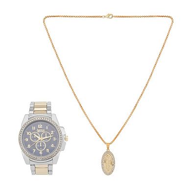 American Exchange men's Two Tone Metal Alloy Watch & "Holy Mary" Pendant Necklace Set