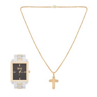 American Exchange Men's Two Tone Metal Alloy & Cross Pendant Necklace Set