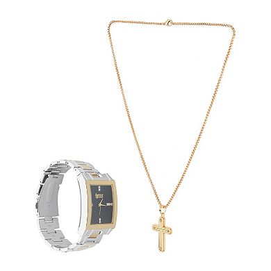American Exchange Men's Two Tone Metal Alloy & Cross Pendant Necklace Set
