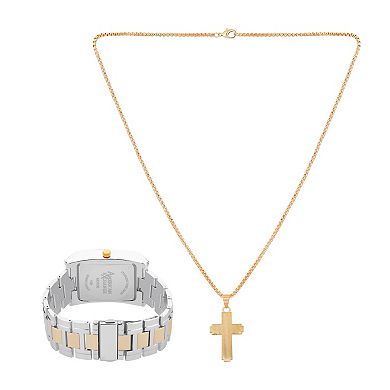 American Exchange Men's Two Tone Metal Alloy & Cross Pendant Necklace Set