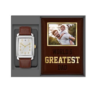 American Exchange Men's Brown Leather Strap Square Face Watch & "World's Greatest Dad" Photo Frame