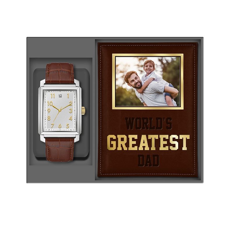 American Exchange Men's Brown Leather Strap Square Face Watch & "World's Greatest Dad" Photo Frame, Size: 33 mm