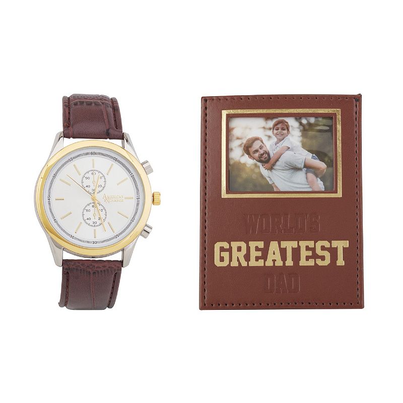 American Exchange Men's Brown Leather Strap Watch & "World's Greatest Dad" Photo Frame, Size: 33 mm