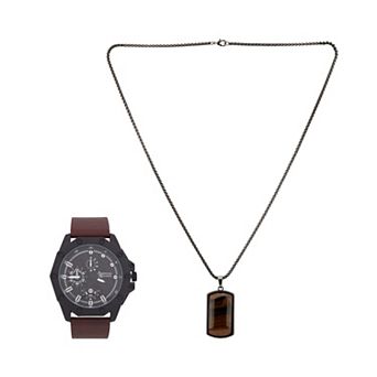 American Exchange Men's Brown Leather Strap & Necklace Set