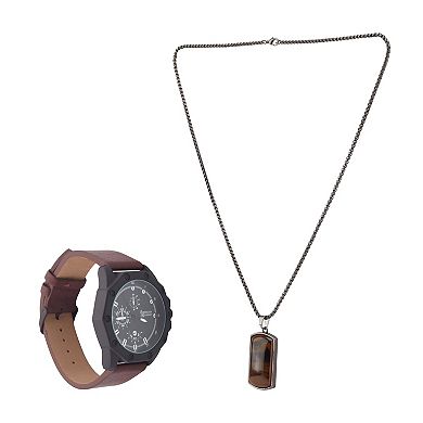 American Exchange Men's Brown Leather Strap Watch with Necklace Gift Set