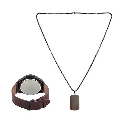 American Exchange Men's Brown Leather Strap Watch with Necklace Gift Set