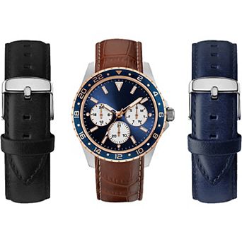 American Exchange Men's Brown Leather Strap Watch with Black & Navy Interchangebale Straps