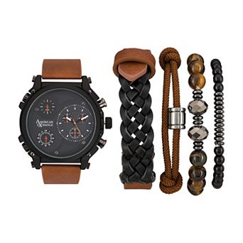 American Exchange Men's Brown Leather Strap & Stackable Bracelet Set