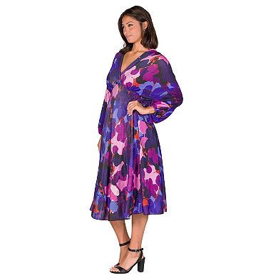 Women's 24Seven Comfort Apparel V-Neck Empire Waist Bishop Sleeve Midi Dress