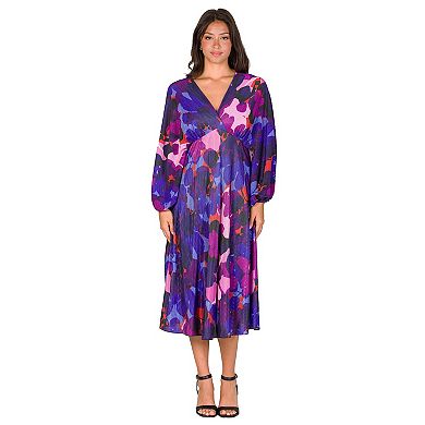 Women's 24Seven Comfort Apparel V-Neck Empire Waist Bishop Sleeve Midi Dress