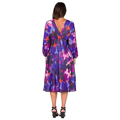 Women's 24Seven Comfort Apparel V-Neck Empire Waist Bishop Sleeve Midi Dress