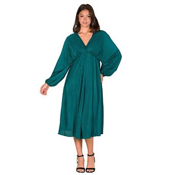 Women's 24Seven Comfort Apparel V-Neck Empire Waist Bishop Sleeve Midi Dress
