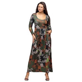 Women's 24Seven Comfort Apparel Printed Long Sleeve Empire Waist Pocket Maxi Dress