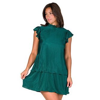 Women's 24Seven Comfort Apparel Ruffle Cap Sleeve High Neck Pleated Tiered Mini Dress
