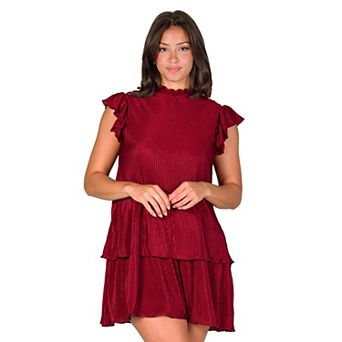 Women's 24Seven Comfort Apparel Ruffle Cap Sleeve High Neck Pleated Tiered Mini Dress
