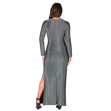 Women's 24Seven Comfort Apparel Long Sleeve Shimmer Side Slit Maxi Dress