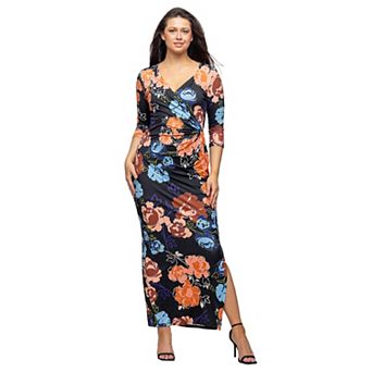 Women's 24Seven Comfort Apparel Three-Quarter Sleeve Side Slit Maxi Dress