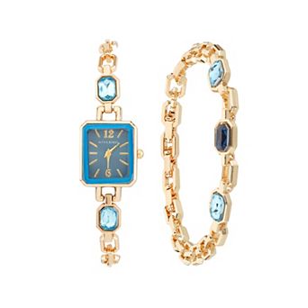 Jessica Carlyle Women's Gold Tone Blue Crystal Watch & Chain Bracelet Set