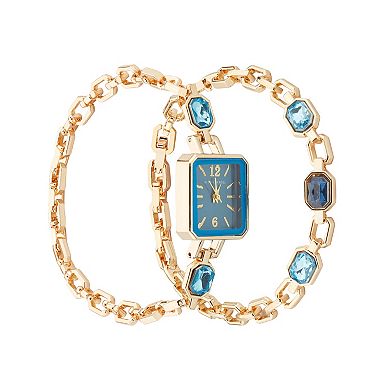 Jessica Carlyle Women's Gold Tone Blue Crystal Watch & Chain Bracelet Set