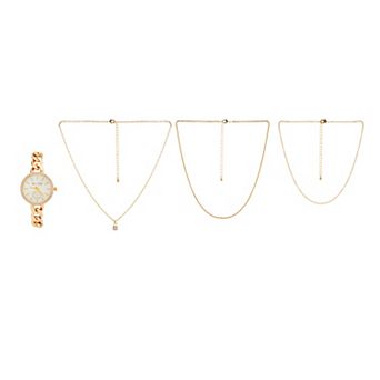 Jessica Carlyle Women's Gold Tone Watch & 3 Necklace Set