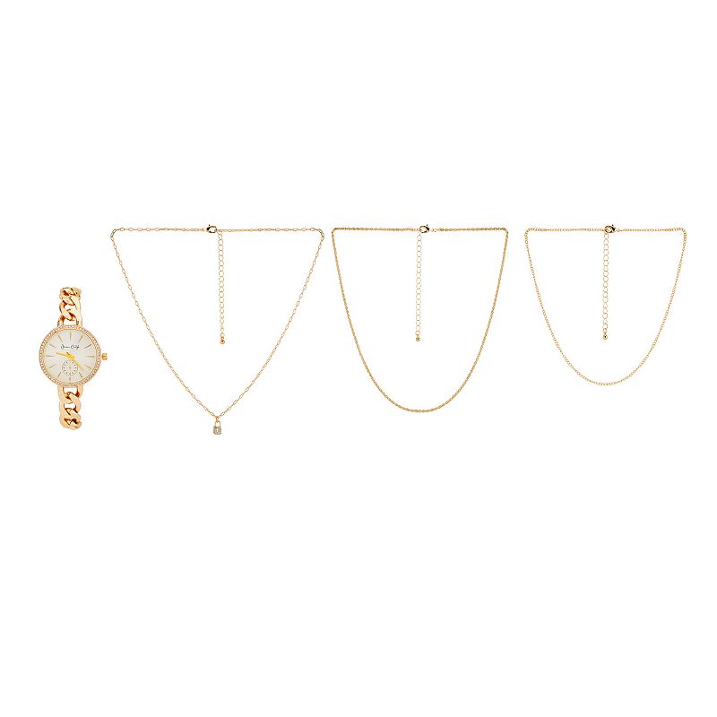 Jessica Carlyle Women's Gold Tone Watch & 3 Necklace Set, Size: 34 mm