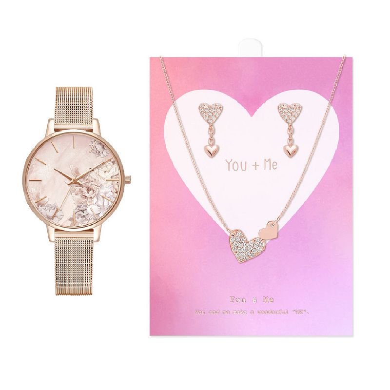 Jessica Carlyle Women's Rose Gold Tone Mesh Band Watch, Heart Link Necklace & Drop Earring Set, Size: 34 mm, Pink