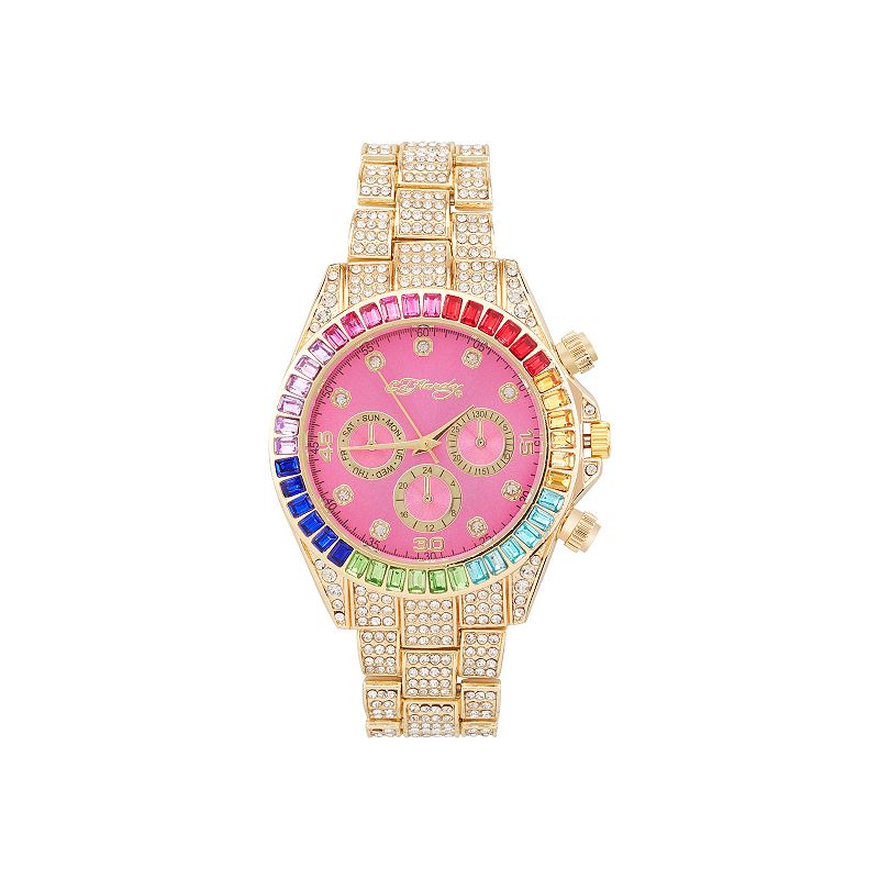 Ed Hardy Women's Colorful Crystal Bezel Gold Metal Alloy Watch, Size: Large