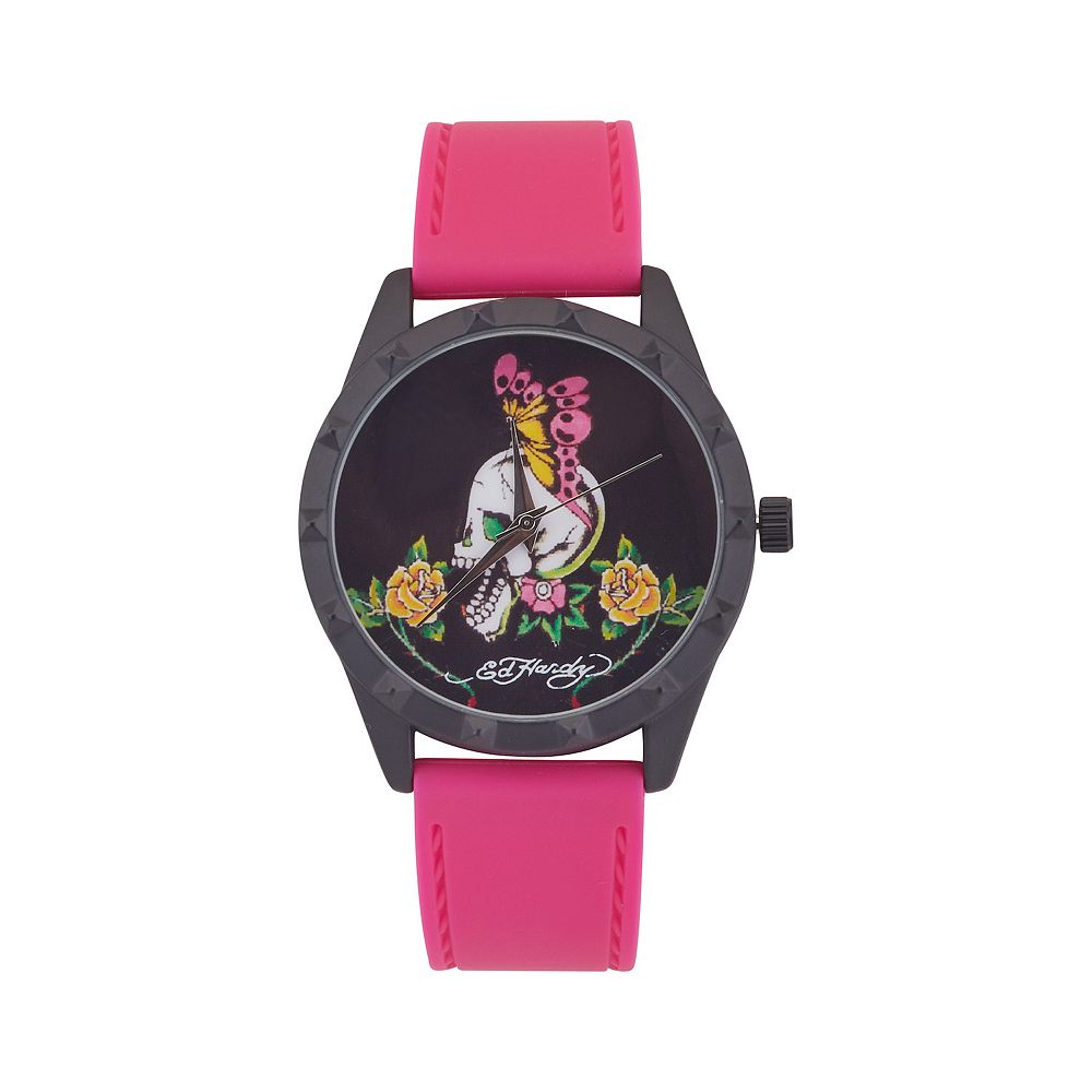 Ed Hardy Skull Watch with Pink Strap and Black Case display picture 2
