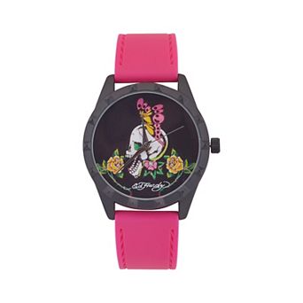 Ed Hardy Women's Skull & Butterfly Dial Fuchsia Silicone Strap Watch