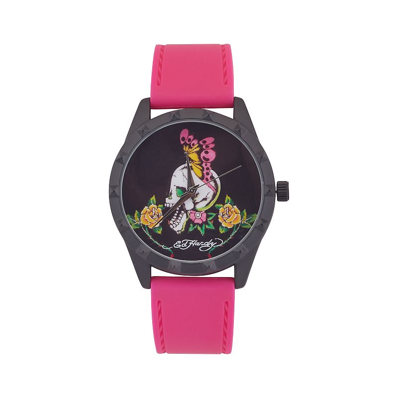 Ed Hardy Women's Skull & Butterfly Dial Fuchsia Silicone Strap Watch, Size: Large, Pink