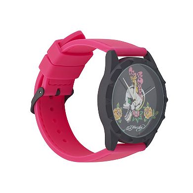 Ed Hardy Women's Skull & Butterfly Dial Fuchsia Silicone Strap Watch