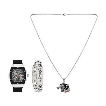 Ed Hardy Men's Faux Skeleton Dial Black Silicone Strap Watch with Jaguar Pendant Necklace & ID Tag Bracelet Gift Set