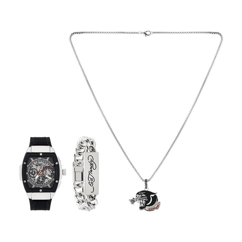 Ed Hardy Men's Faux Skeleton Dial Black Silicone Strap Watch with Jaguar Pendant Necklace & ID Tag Bracelet Gift Set, Size: Large