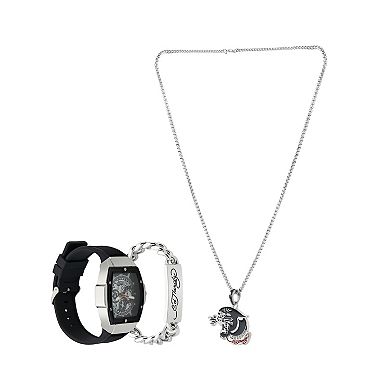 Ed Hardy Men's Faux Skeleton Dial Black Silicone Strap Watch with Jaguar Pendant Necklace & ID Tag Bracelet Gift Set