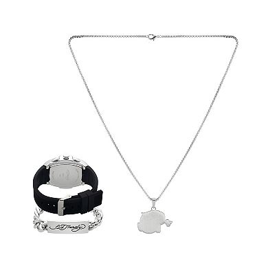 Ed Hardy Men's Faux Skeleton Dial Black Silicone Strap Watch with Jaguar Pendant Necklace & ID Tag Bracelet Gift Set