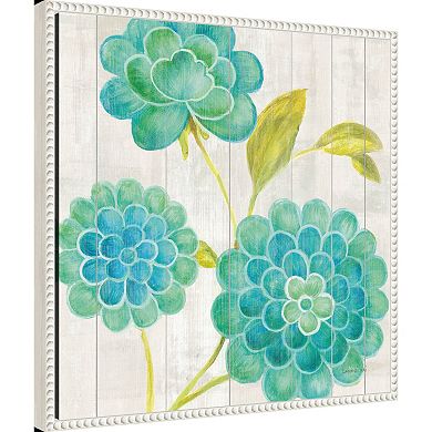 Amanti Art Aqua Blooms on Wood II Framed Canvas Wall Art