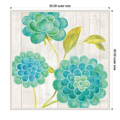 Amanti Art Aqua Blooms on Wood II Framed Canvas Wall Art