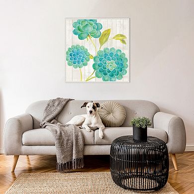 Amanti Art Aqua Blooms on Wood II Framed Canvas Wall Art