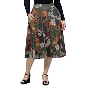 Women's 24Seven Comfort Apparel Print Elastic Waist Pocket Midi Skirt