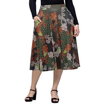 Women's 24Seven Comfort Apparel Print Elastic Waist Pocket Midi Skirt