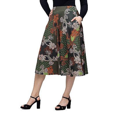 Women's 24Seven Comfort Apparel Print Elastic Waist Pocket Midi Skirt