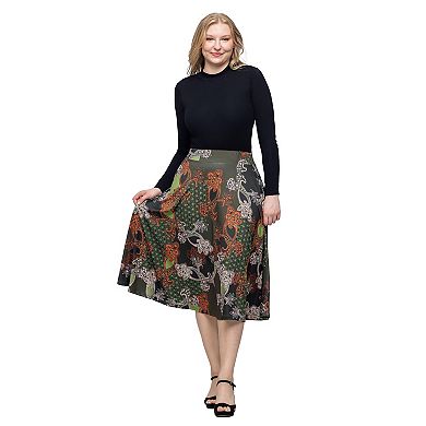 Women's 24Seven Comfort Apparel Print Elastic Waist Pocket Midi Skirt