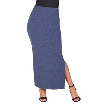 Women's 24Seven Comfort Apparel Ribbed Knit Side Slit Elastic Waist Maxi Skirt