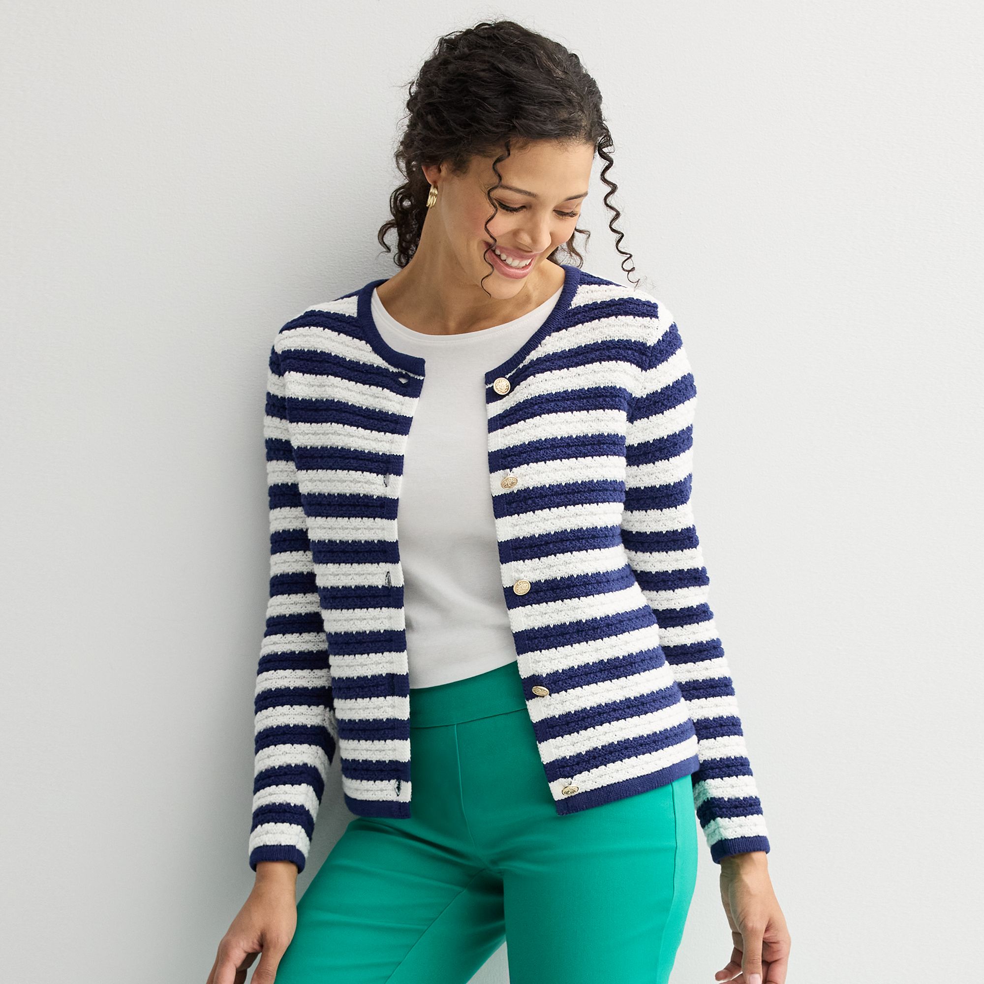 Womens Croft & Barrow® Crewneck Long Sleeve Button Front Textured Cardiga