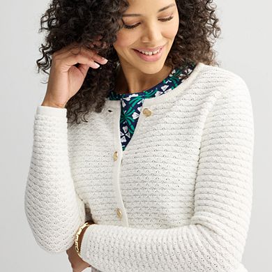 Petite Croft & Barrow® Crewneck Long Sleeve Button Front Textured Cardigan