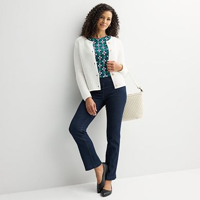 Petite Croft & Barrow® Crewneck Long Sleeve Button Front Textured Cardigan