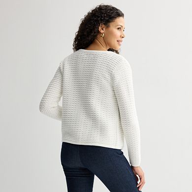 Petite Croft & Barrow® Crewneck Long Sleeve Button Front Textured Cardigan