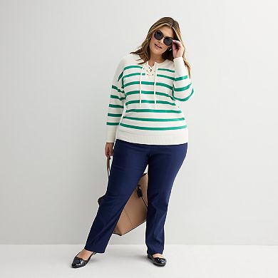 Plus Size Croft & Barrow Knitted Lace-Up Drop Shoulder Pullover Sweater