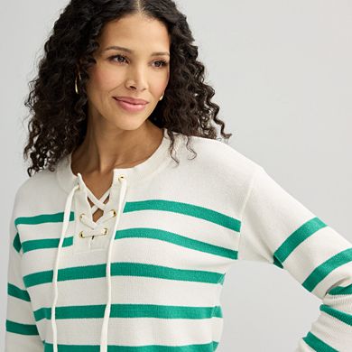 Petite Croft & Barrow® Lace-Up Drop Shoulder Pullover Sweater