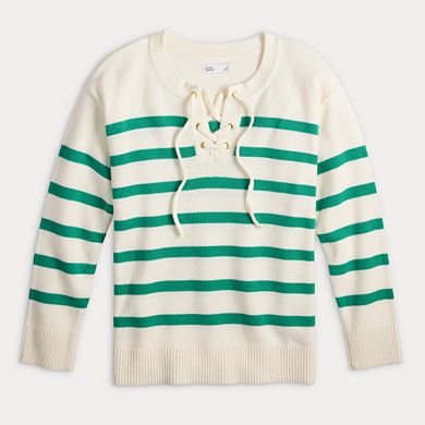 Petite Croft & Barrow® Lace-Up Drop Shoulder Pullover Sweater